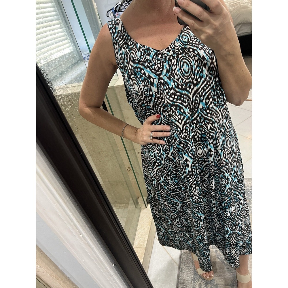 Avenue Womens Plus Size 22/24 Teal Brown Ikat Print Sleeveless Midi Dress